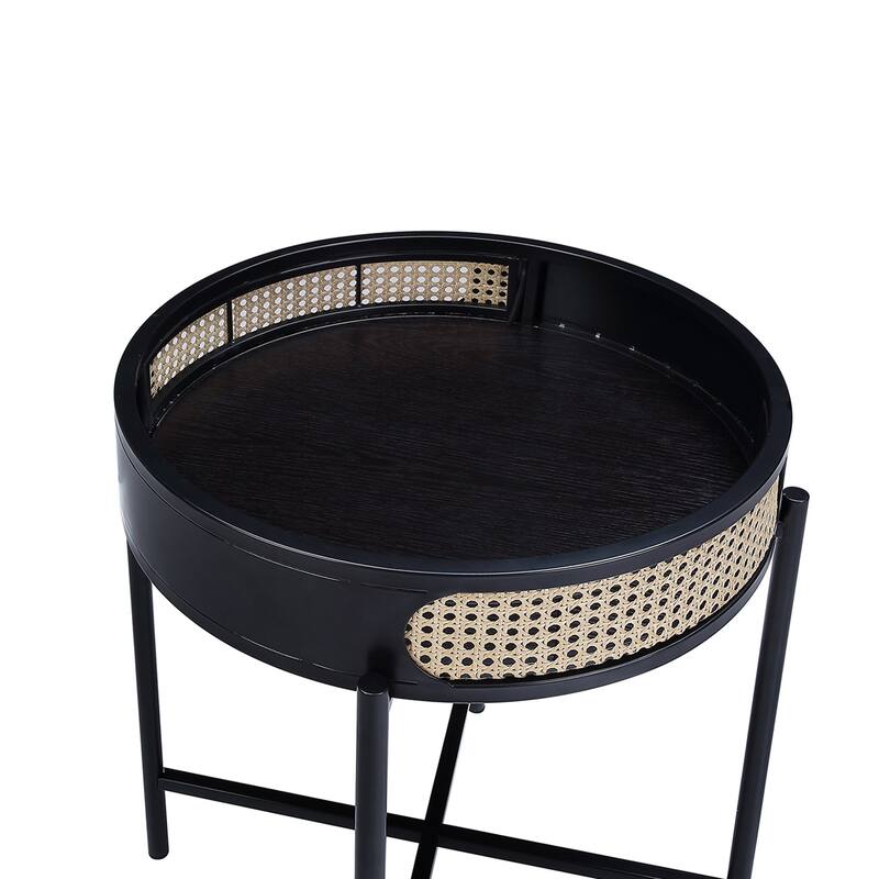 Round End Table with Open Top and Metal Legs in Black Finish