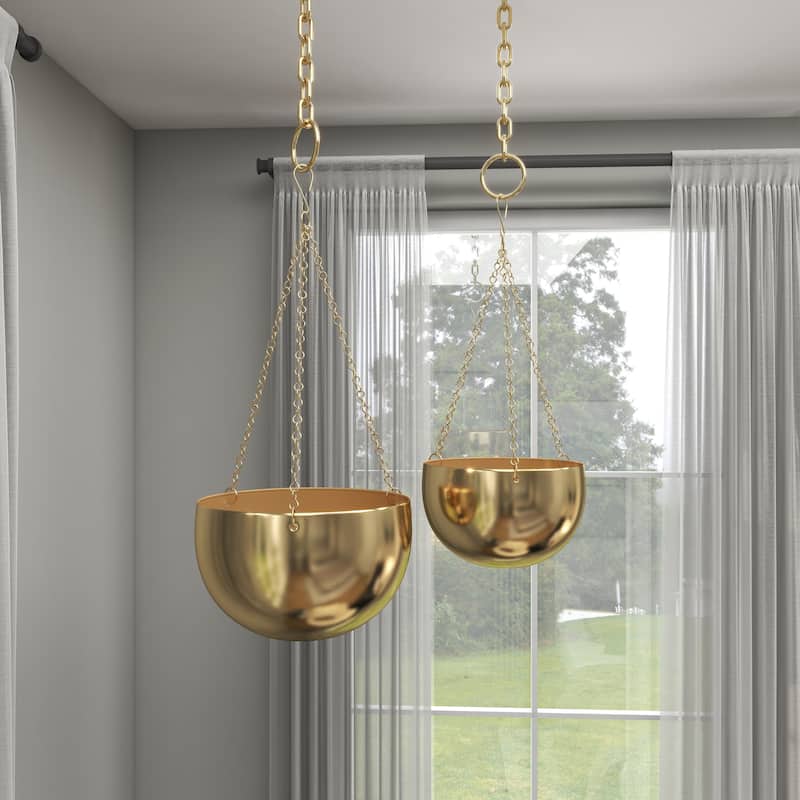 Black, Gold or Silver Metal Indoor Outdoor Hanging Dome Wall Planter with Chain (Set of 2)