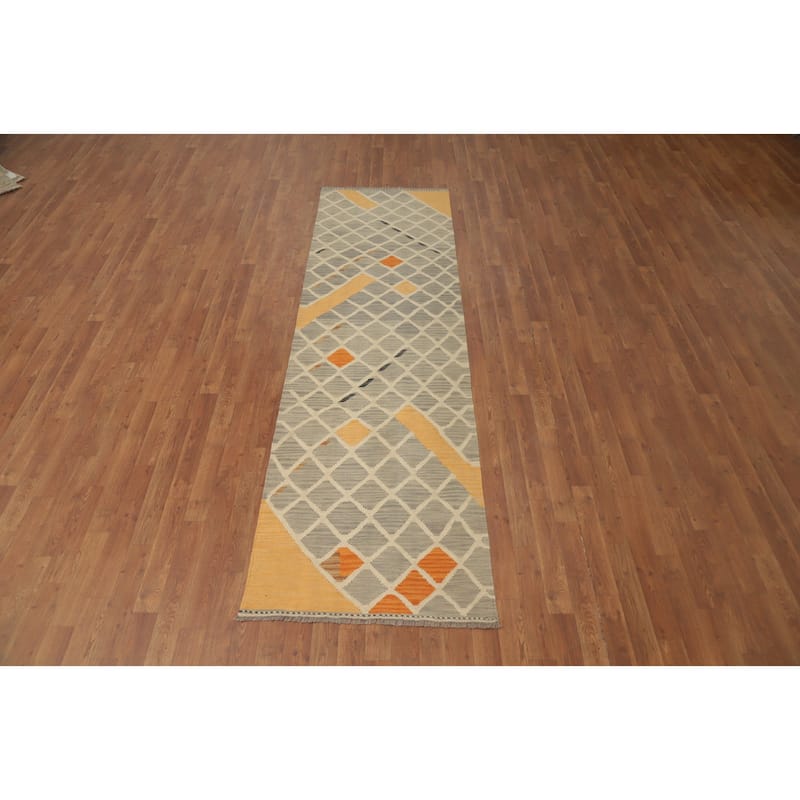 Hand Woven Oriental 100% Wool Carpet Southwestern Modern Greys & Charcoal Kilim Runner Rug - 9' 5'' X 2' 8''