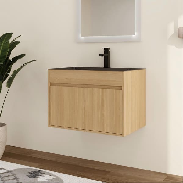slide 2 of 10, ﻿ ﻿Malwee 28" Floating Bathroom Vanity, Wall Mounted Bathroom Vanity with Stainless Steel Sink and Flexible Drain Pipe Colored - 27.4"×17.6"×19.0" - Brown