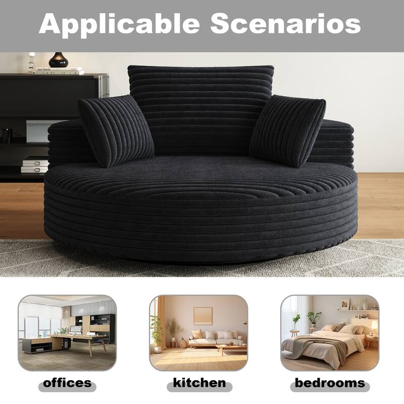 Oversized Swivel Accent Chair, Corduroy Round Lounge Sofa Chair, Upholstered Reading Armchair with Back Cushion & 2 Pillows
