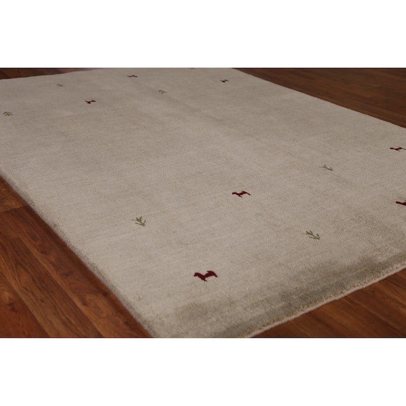 Hand Knotted Oriental 100% Wool Carpet Tribal Animal Pictorial Beige & Ivories Gabbeh Area Rug - 6' 6'' X 4' 8''