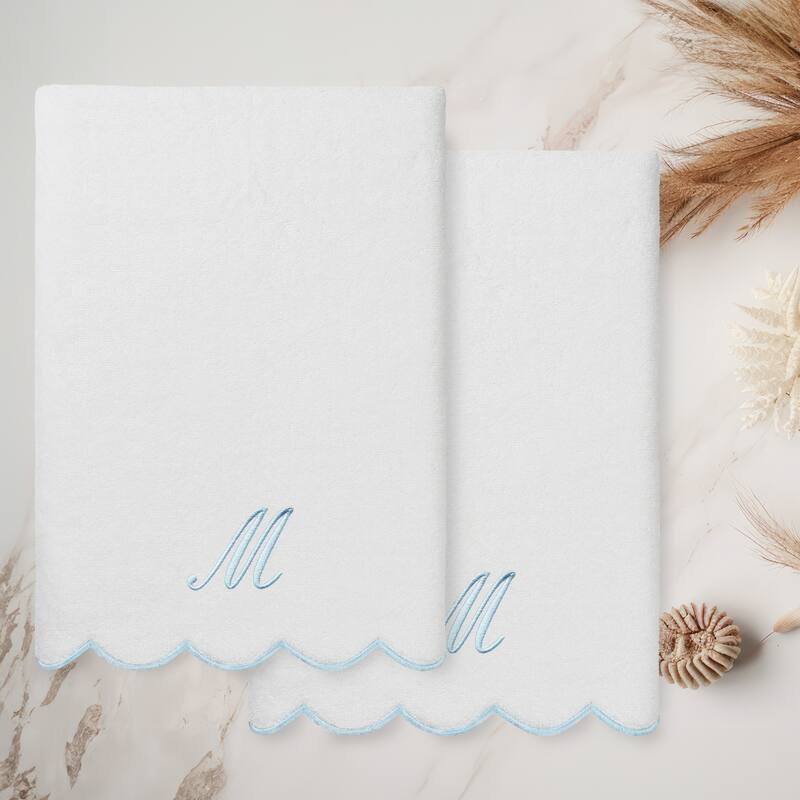 Authentic Hotel and Spa 100% Turkish Cotton Blue ADORNIA Scallop Personalized 2 Piece Bath Towel Set - 2 Bath Towels