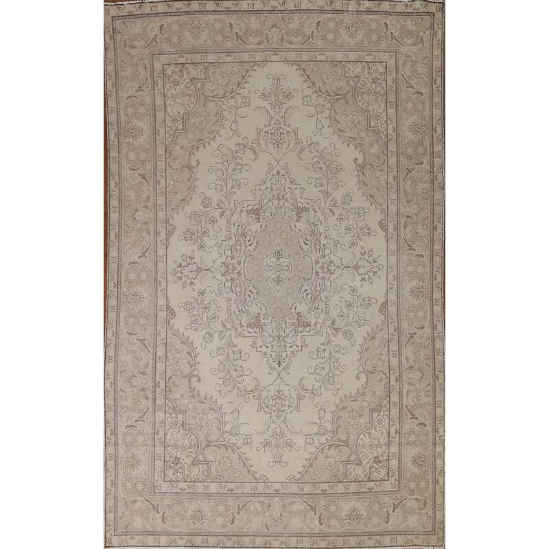 Hand Knotted Oriental 100% Wool Carpet Traditional Medallion Beige & Ivories Tabriz Area Rug - 9' 4'' X 6' 3''
