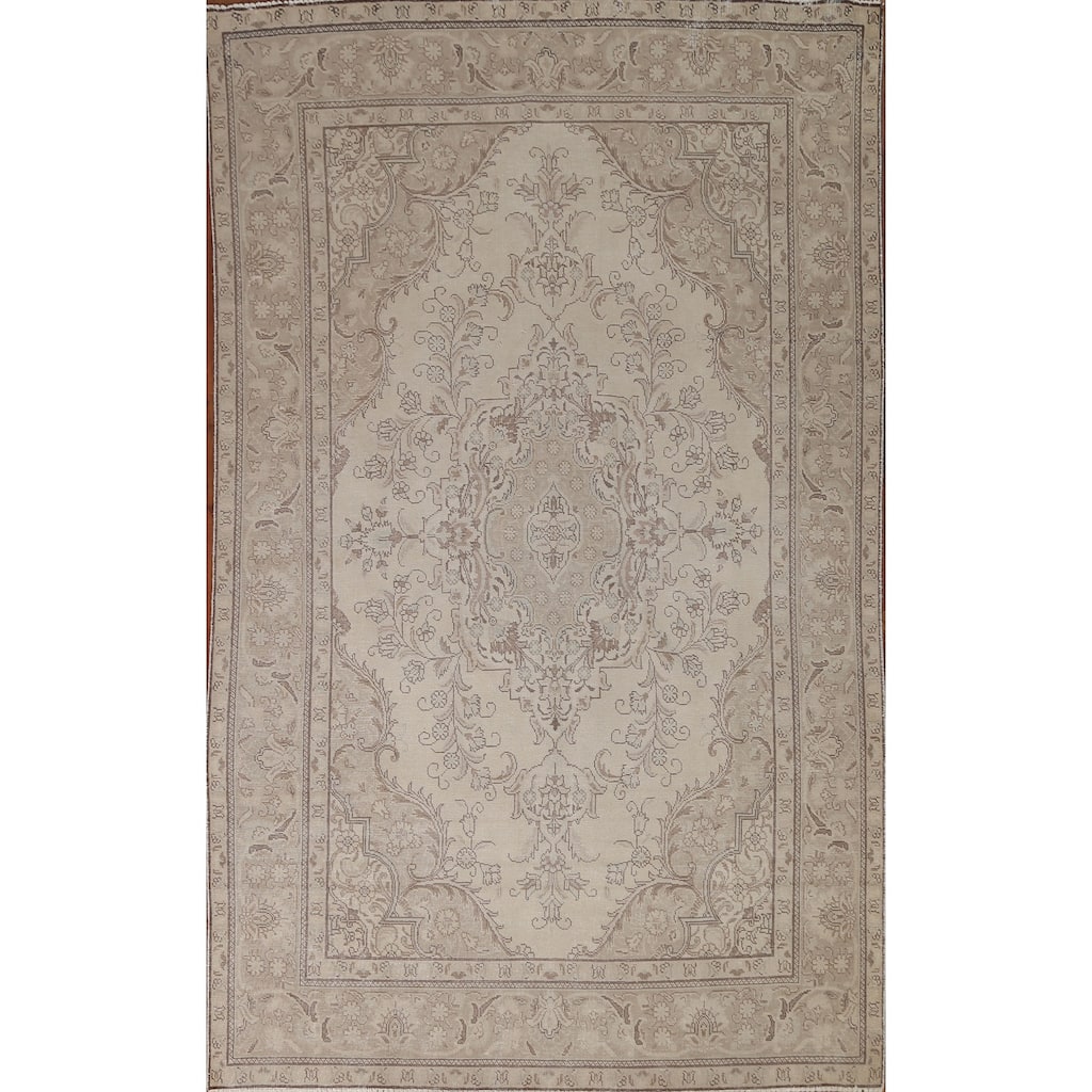 Hand Knotted Oriental 100% Wool Carpet Traditional Medallion Beige & Ivories Tabriz Area Rug - 9' 4'' X 6' 3''
