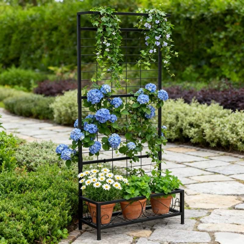 GDFStudio - Outdoor Marcellus Steel Tall Plant Stand with Trellis and Multi-Pot Holders - 74.2"H