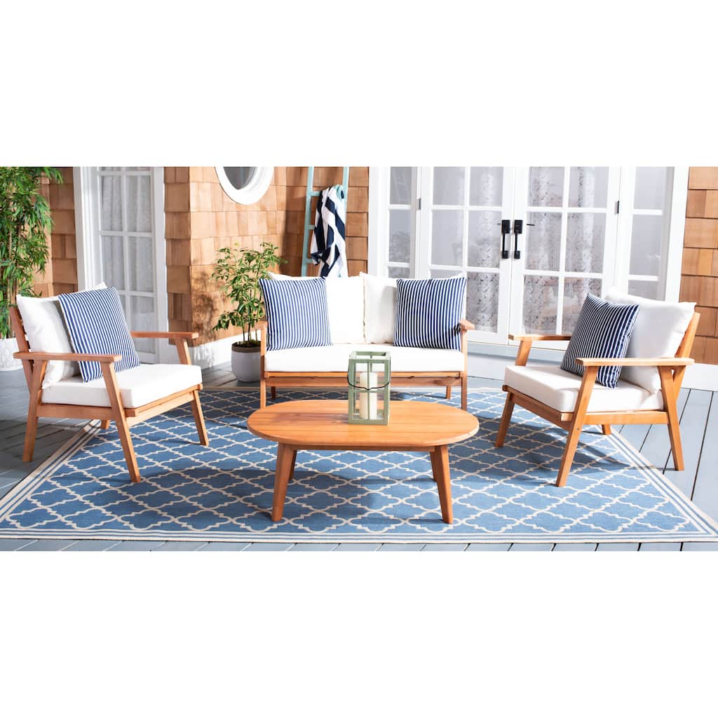 SAFAVIEH Outdoor Patio Furniture Lupe 4-Piece Conversation Set with Oval Slatted Coffee Table - 49W x 31D x 30H