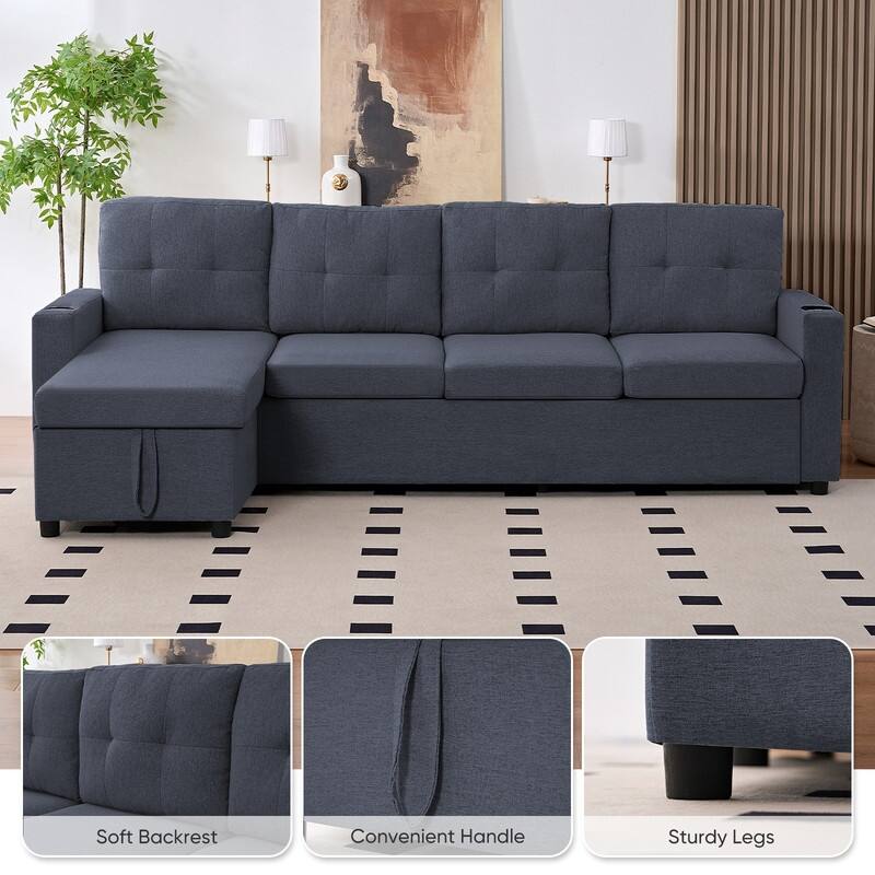 Mixoy 101"Linen 4-Seater Modular Sofa with Storage Chaise,Sleeper Sofa with Pull-out Bed