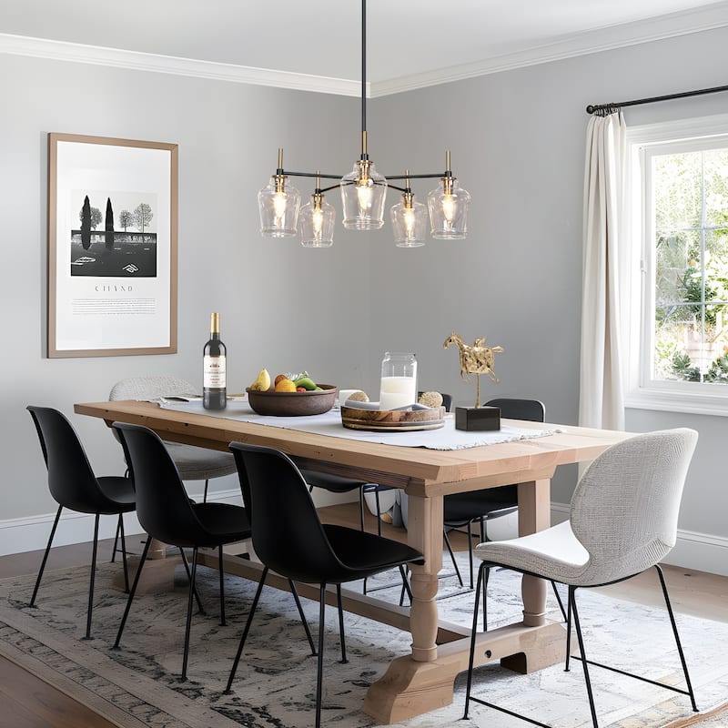 Modern 5-Light Black Gold Wagon Wheel Chandeliers Glass Pendant Light for Kitchen Dining Room