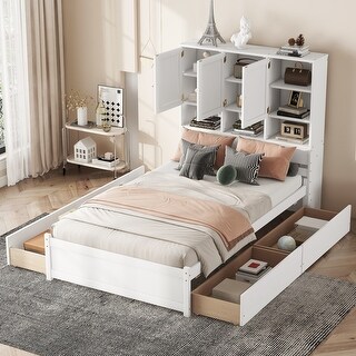 Full Size Platform Bed with 4 Drawers Under-Bed,Headboard with Storage Shelves