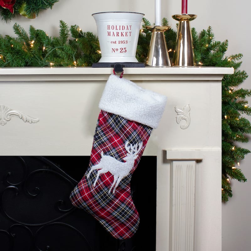 20" Black and Red Tartan Reindeer Christmas Stocking with Cuff