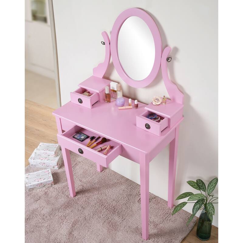 Bedroom Makeup Vanity Desk and Stool Set, Vanity Set Includes Dressing Table, Swivel Adjustable Oval Mirror and Stool