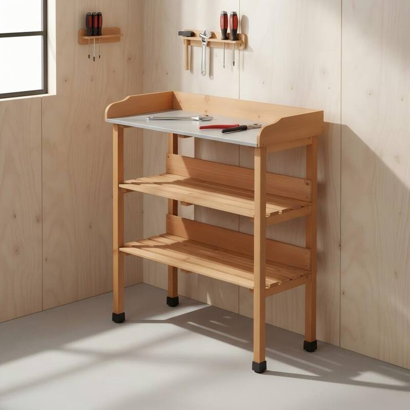 Anmytek Solid Wood Potting Bench with Waterproof Metal Tabletop, 3-Tier Outdoor Gardening Workstation with Storage Shelves