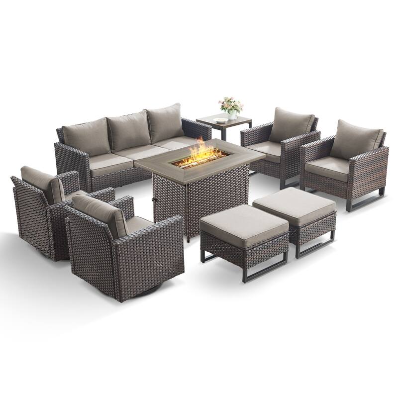 Gymojoy Outdoor Fire Pit Conversation Set, Patio Furniture with Cushions - 9 PCS - Brown Wicker / Grey Cusion