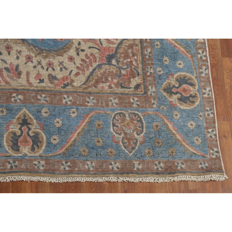 Blue Floral Tabriz Persian Antique Area Rug Hand-Knotted Wool Carpet - 9'6"x 12'10"