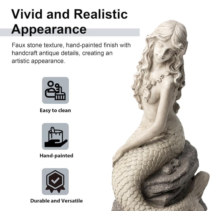 Glitzhome Faux Granite Mosaic Sitting Elephant Sea Horse Mermaid Garden Statue Ocean Figurine