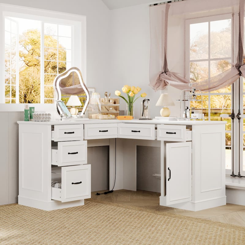 White Corner Vanity Desk: 2 - in - 1 Makeup & Work Station, Space - Saving Bedroom Vanity Dresser