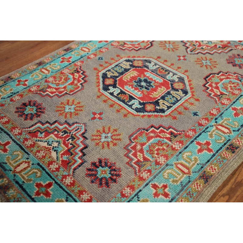 Geometric Kazak Foyer Rug Handmade Traditional Grey Wool Carpet - 2'0" x 3'0"