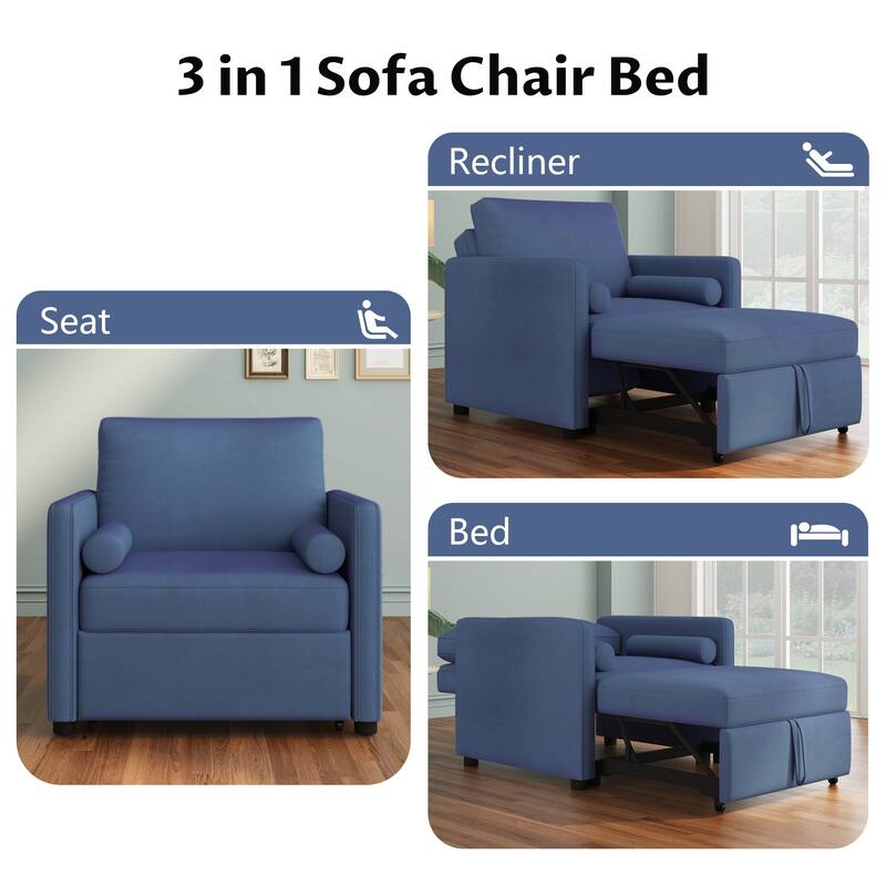 Versatile Single Sofa Bed with Adjustable Backrest, 3 in 1 Convertible Sleeper Sofa Bed with Wood Frame for Livingroom - Blue