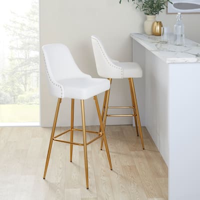 Silver Orchid Studded Naldi 30" Fixed-Height Bar Stool with Metal Legs & Square Footrest (Set of 2)