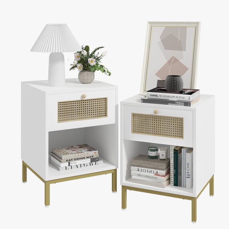 Rattan End Table/ Nightstand with Drawer, Farmhouse Boho Bed Side Table