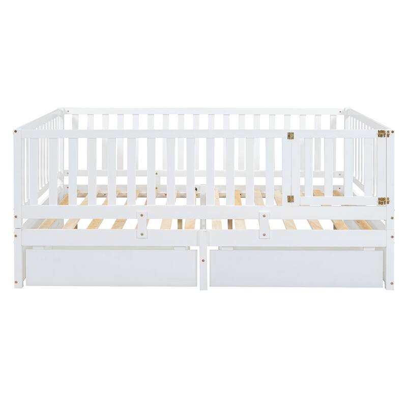 Full Size Wood Daybed with Fence Guardrails and 2 Drawers, Convertible to Floor Bed & Daybed, White