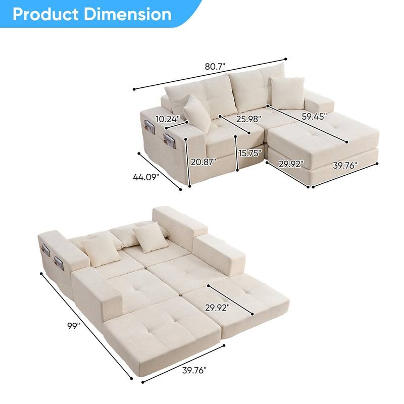 Mixoy 6-PCS Double Deep Seat Modular Sectional Sofa,Free Combinations Modern Chenille Sleeper Sofa Bed,No Assembly Required