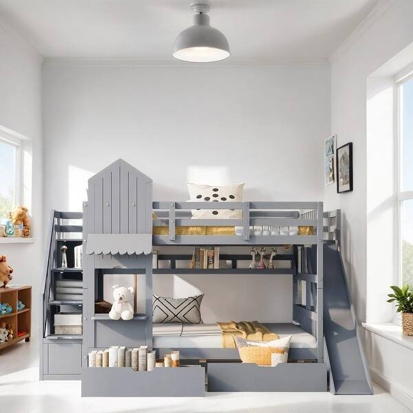slide 2 of 11, Full-Over-Full Bunk Bed with 2 Drawers, Castle Style Bed with 3 Storage Shelves, Storage Bed with Slide, Gray Subdued Gray