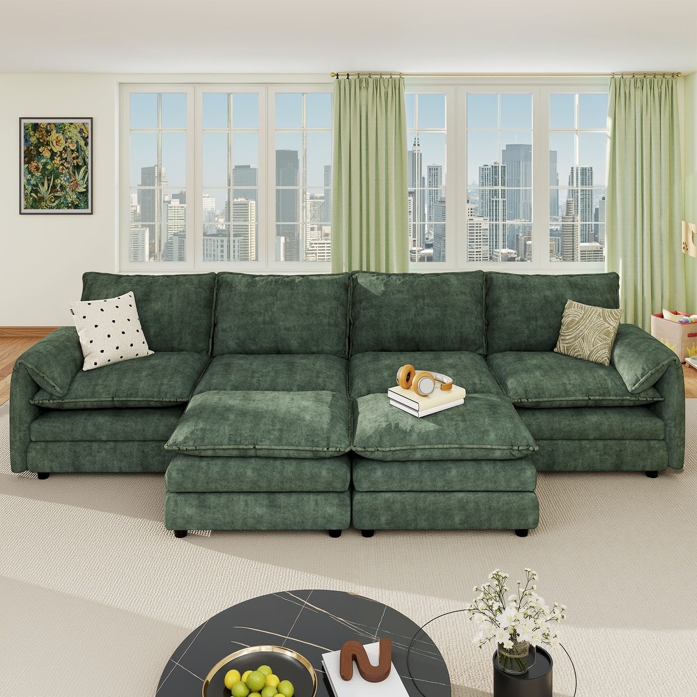 142 Inch Modular Velvet Sectional Sofa with Movable Ottoman Pillow Armrest and Deep Seats for Living Room Apartment or Office