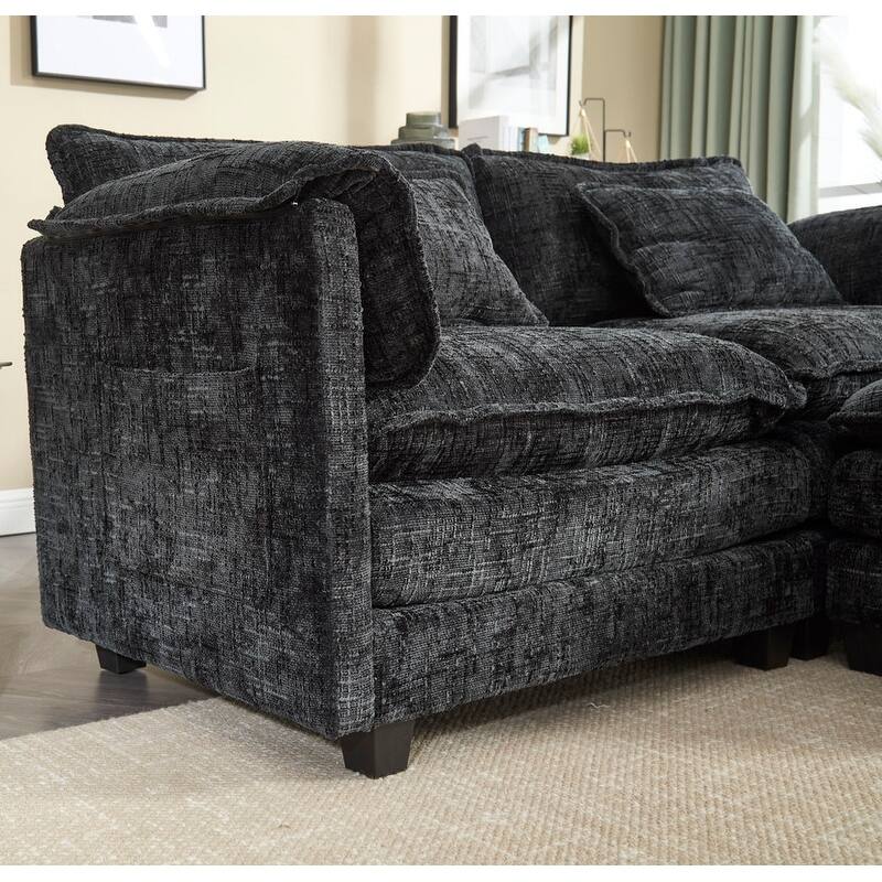 76.77" Chenille Upholstered Sofa with 2 Ottomans
