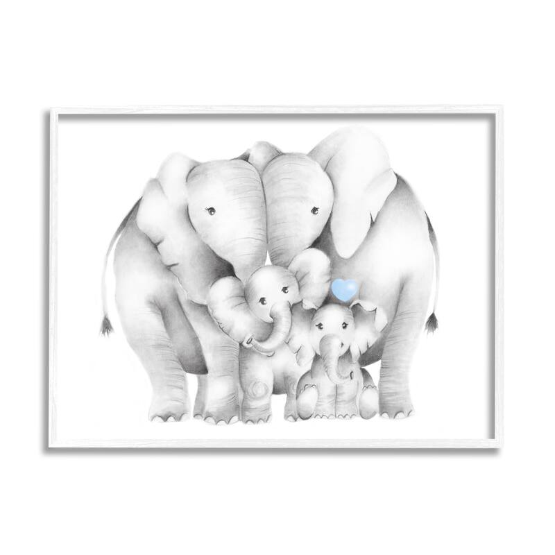Stupell Happy Elephant Family Blue Heart Pop Baby Animals Framed Wall Art - 16 x 20 - White
