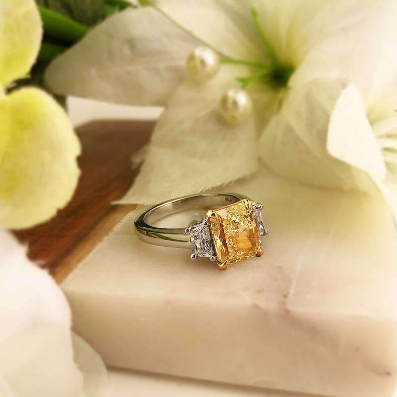 Auriya Platinum 3 3/5CTW 3 Stone Radiant Yellow Diamond Engagement Ring in (E, VS1)