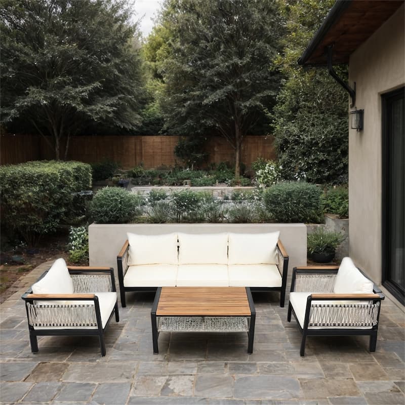 4 Pieces Patio Sectional Sofa Set with Cushions and a Coffee Table