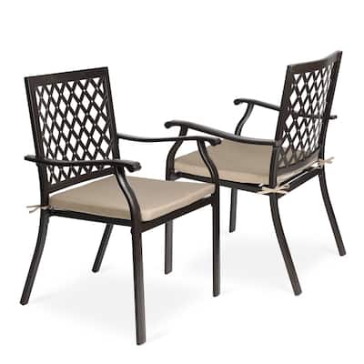 Aoodor Outdoor Patio Metal Stackable Dining Chairs 2-Piece Set with Curved Armrests and Strapped Seat Cushions