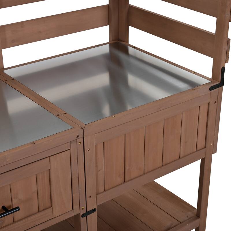 Solid Wood 62.3'' Patio Kitchen Island Kitchen Cart with Stainless Table Top, Garden Potting Bench with Raised Shelf and Drawers