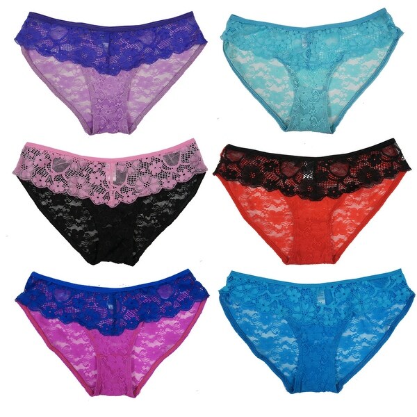 Women's 6 Pack Contrast Color Band Lace Bikini Panties