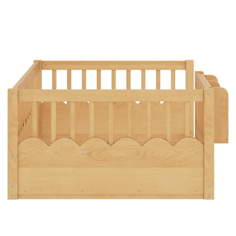 Queen/Full/Twin Floor Bed with Fence and Bookshelf, Wood Kids Floor Bed