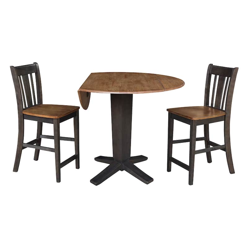 42 in Solid Wood Round Drop Leaf Counter Height Dining Table with Stools in Hickory/Washed Coal
