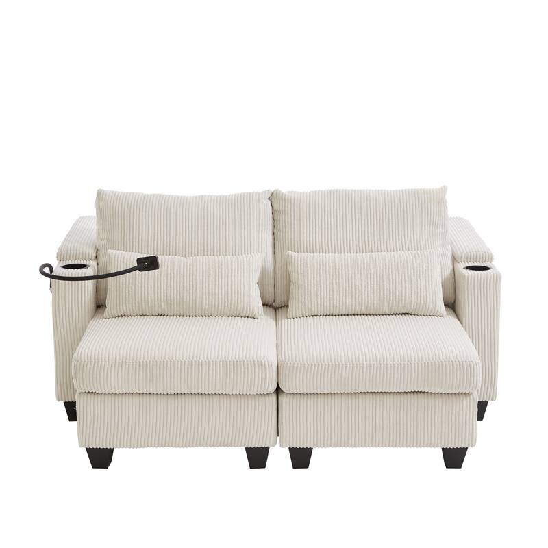Sofa Chair with Armrests, 2-in-1 Corduroy Loveseat & Chaise Lounge, Sofa Bed Sleeper Sofa with Cup Holders & Side Pockets