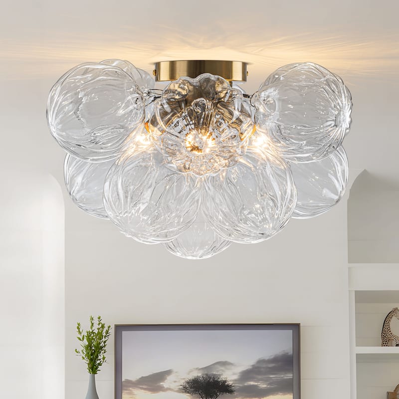 Starsky 3-Light 15in. Contemporary Textured Clear Glass Bubble Semi Flush Mount - Gold