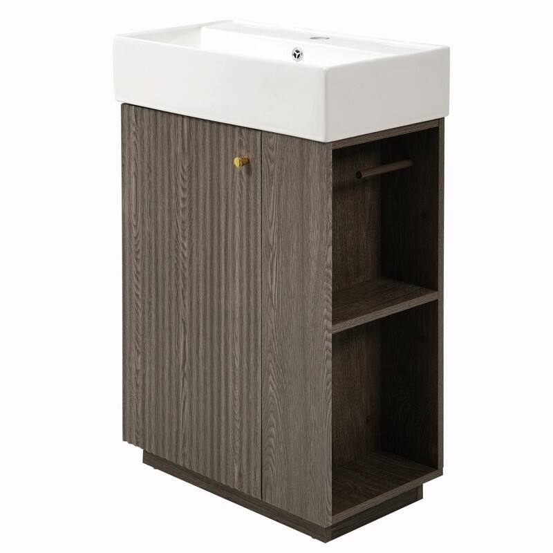 21.6" Bathroom Vanity with Ceramic Sink, Freestanding Modern Wood Grain Cabinet with Open & Closed Storage