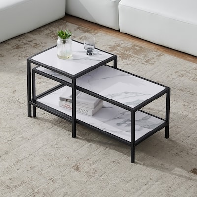 Wood marble color top Modern Nesting coffee table Square & rectangle With Black metal frame