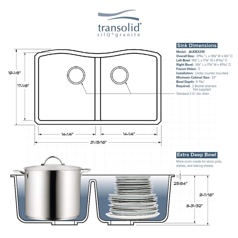 Transolid K-AUDE3219 Aversa 31-15/16" Undermount Double Basin Granite