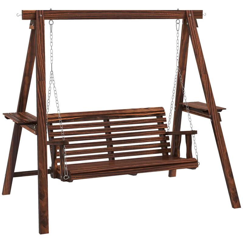 2-Seat Wooden Porch Swing, Stand, Side Tables, Metal Chains, Outdoor