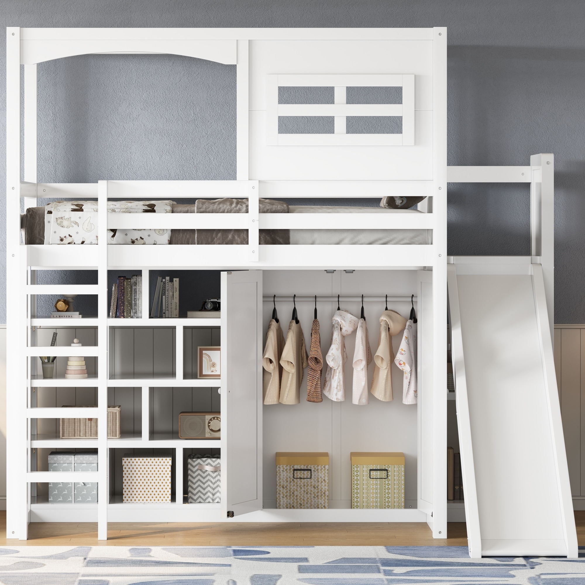 White Twin Size Wood Loft Bed with Slide, Wardrobe, Storage Shelves, LED Light, and House Frame
