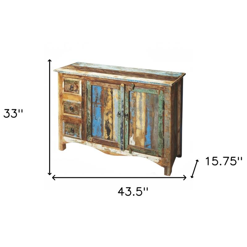 HomeRoots 44" Brown Green and Gray Solid Wood Three Drawer Sideboard with Two Doors - 43.5' X '33' X '15.75
