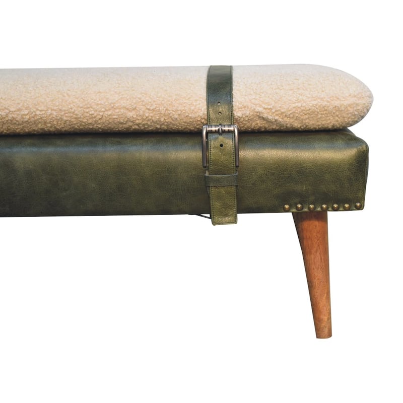 Artisan Furniture Solid Wood Bouclé Buffalo Hide Olive Green Leather Bench, Leather upholstery, Boucle