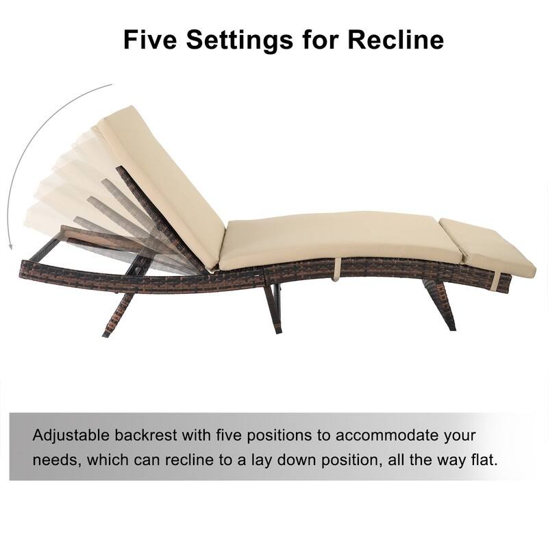 Patio Garden Single Wicker Chaise Lounge with Cushion - 1Lounge -Chair