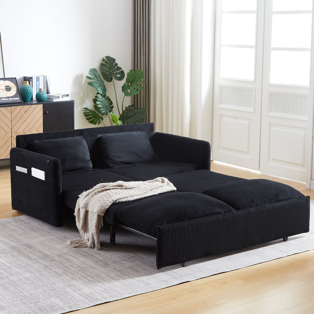 65" Corduroy 2-Seater Sleeper Sofa, 3-in-1 with Storage and Side Pocket