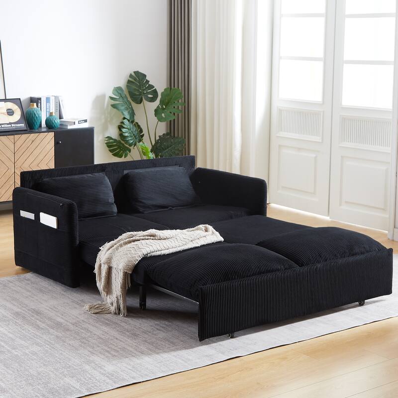 Corduroy Convertible Sleeper Sofa Bed, 3-in-1 Adjustable Sleeper Sofa Couch, Lounge Loveseat Sofa with 2 Pillows & Side Pockets - Black